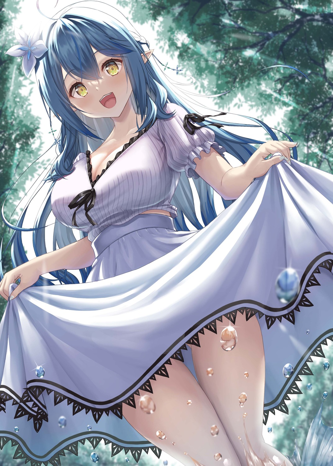 elf, hololive, pointy_ears, skirt_lift, uehiro, yukihana_lamy