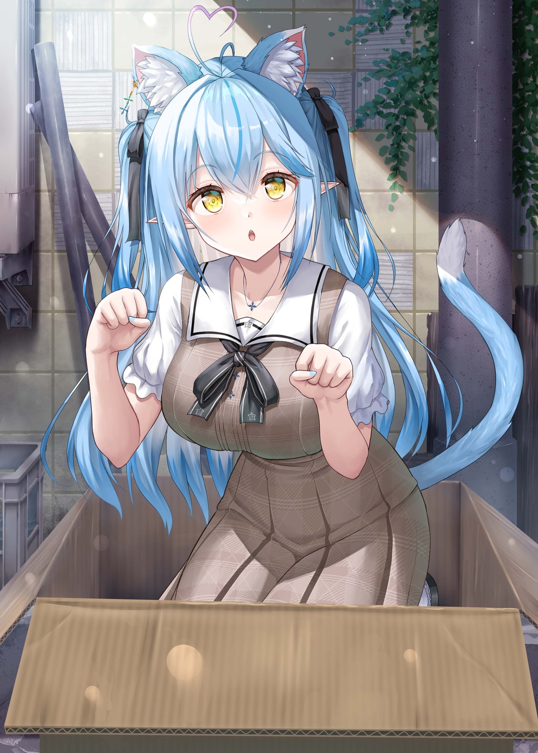 animal_ears, elf, hololive, nekomimi, pointy_ears, seifuku, tail, uehiro