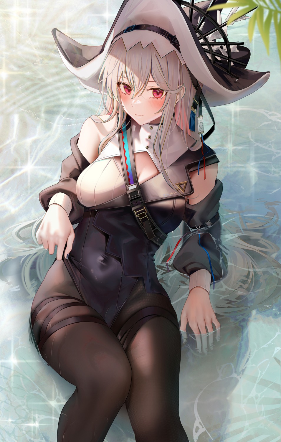 arknights, garter, leotard, pantyhose, ruzhai, specter_(arknights), wet, witch