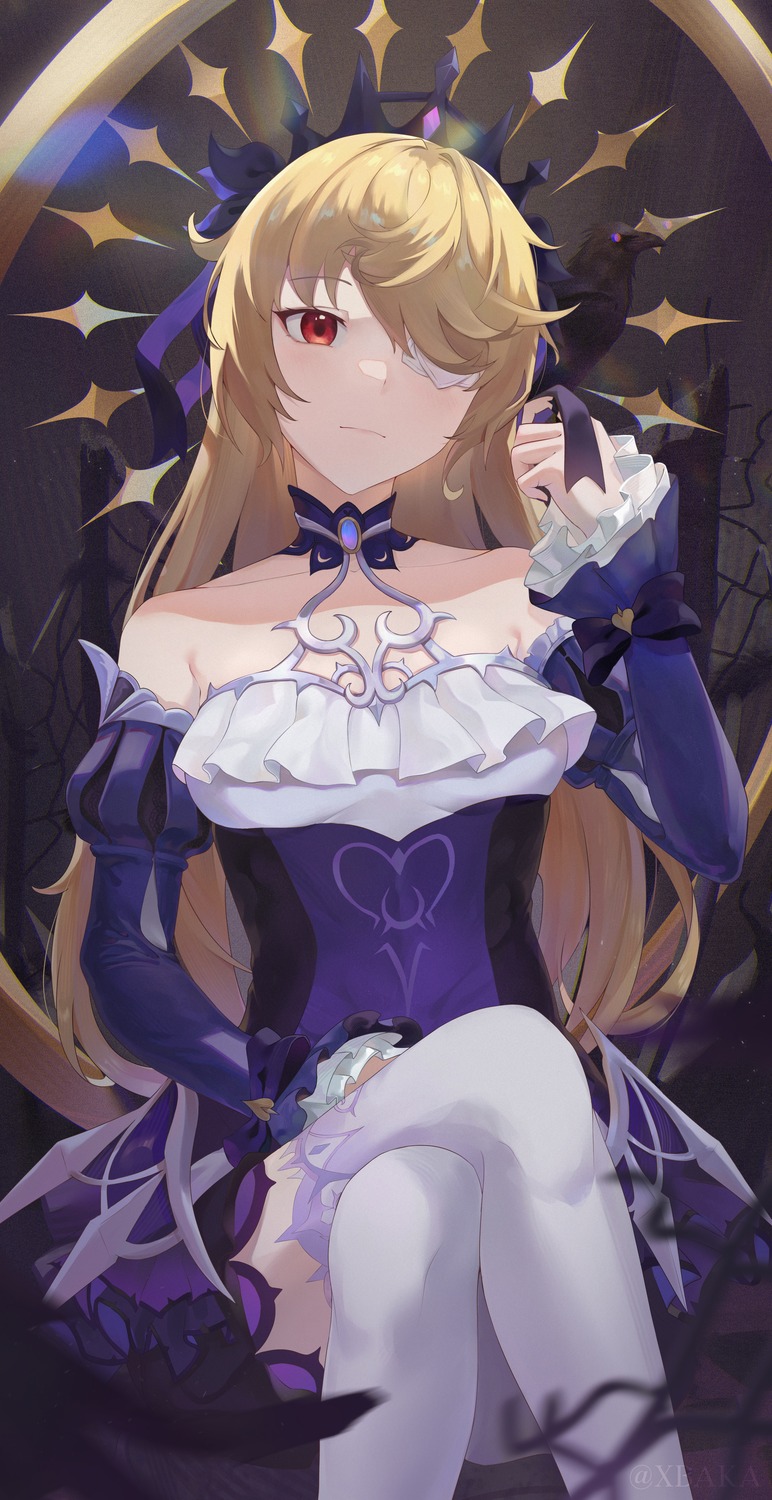 dress, eyepatch, fischl, genshin_impact, thighhighs, xbaka