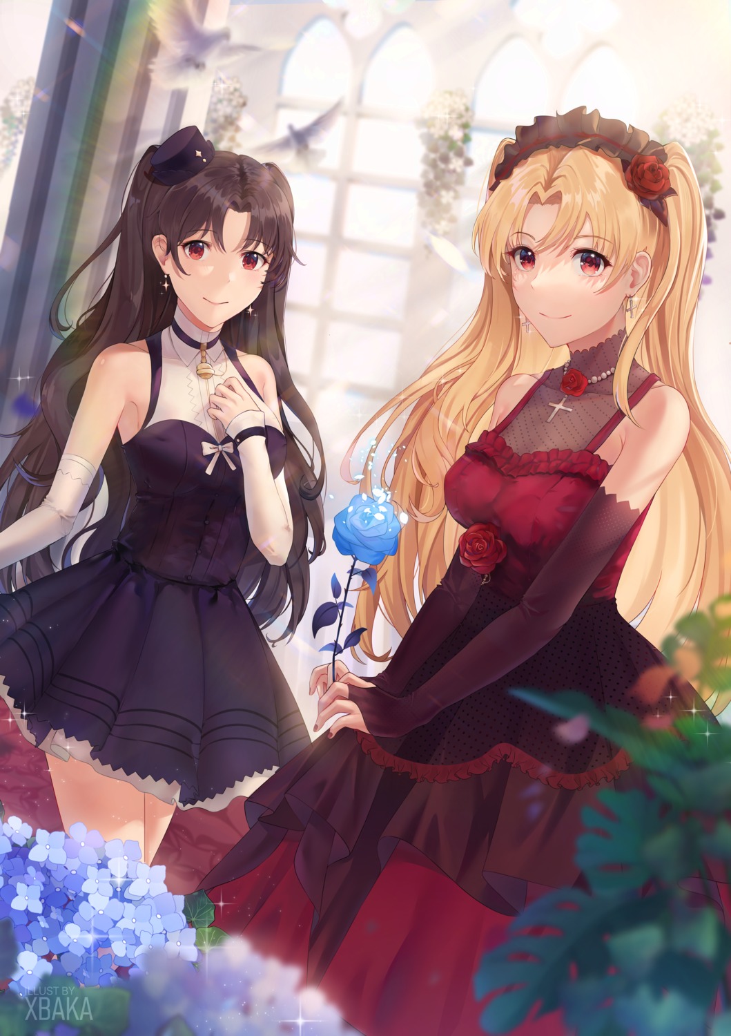 dress, ereshkigal_(fate), fate/grand_order, fishnets, gothic_lolita, ishtar_(fate), lolita_fashion, see_through, xbaka
