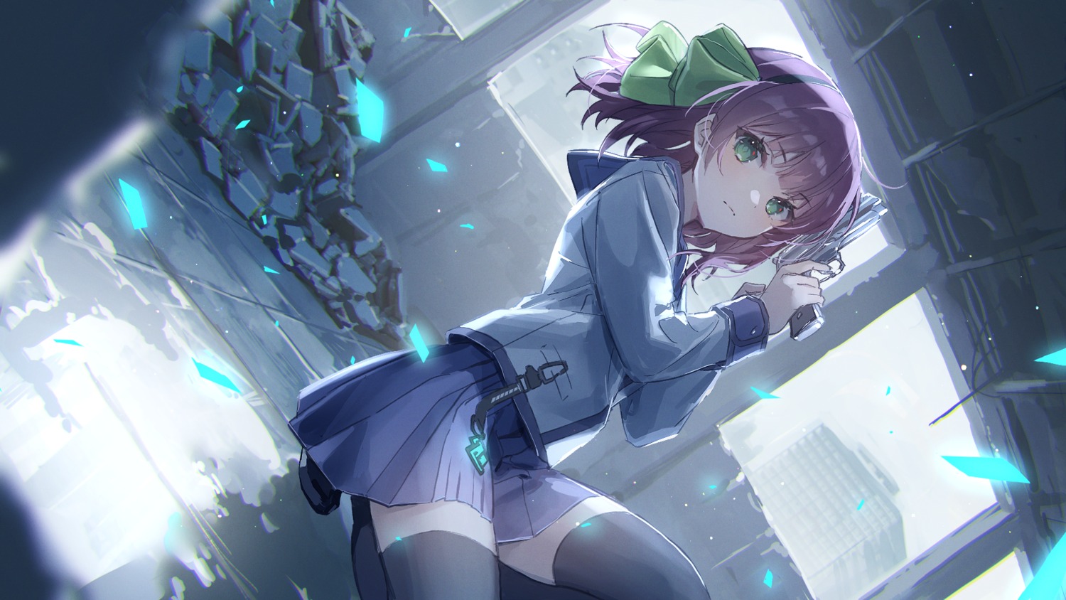 angel_beats!, crossover, gun, heaven_burns_red, nakamura_yuri, oyuyu, thighhighs, wallpaper
