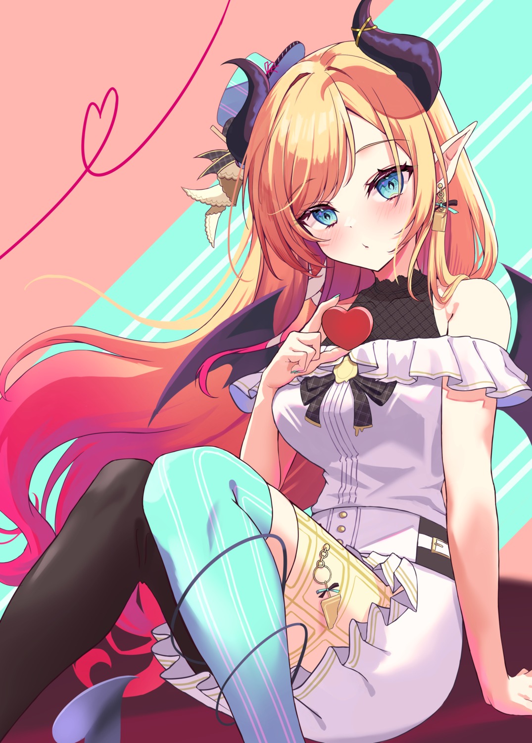 dress, hololive, horns, pointy_ears, shinka_(yonkun121), tail, thighhighs, valentine