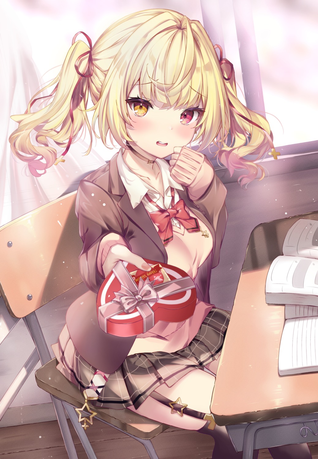 heterochromia, hoshikawa_sara, nijisanji, seifuku, shizuku_(shizukusushi), stockings, sweater, thighhighs
