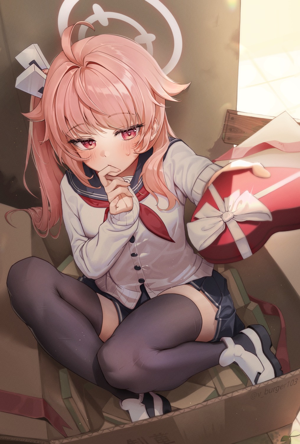 blue_archive, halo, seifuku, sweater, thighhighs, v_burger103, valentine, yutori_natsu