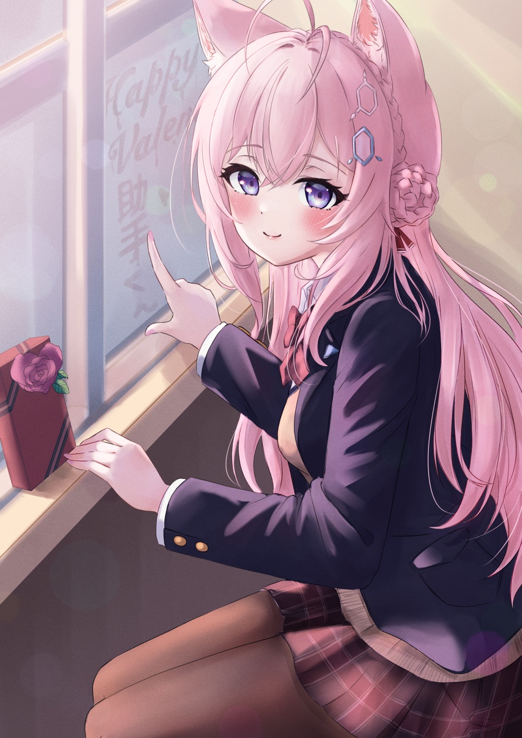 4kimizuki, animal_ears, hakui_koyori, hololive, pantyhose, seifuku, sweater, valentine