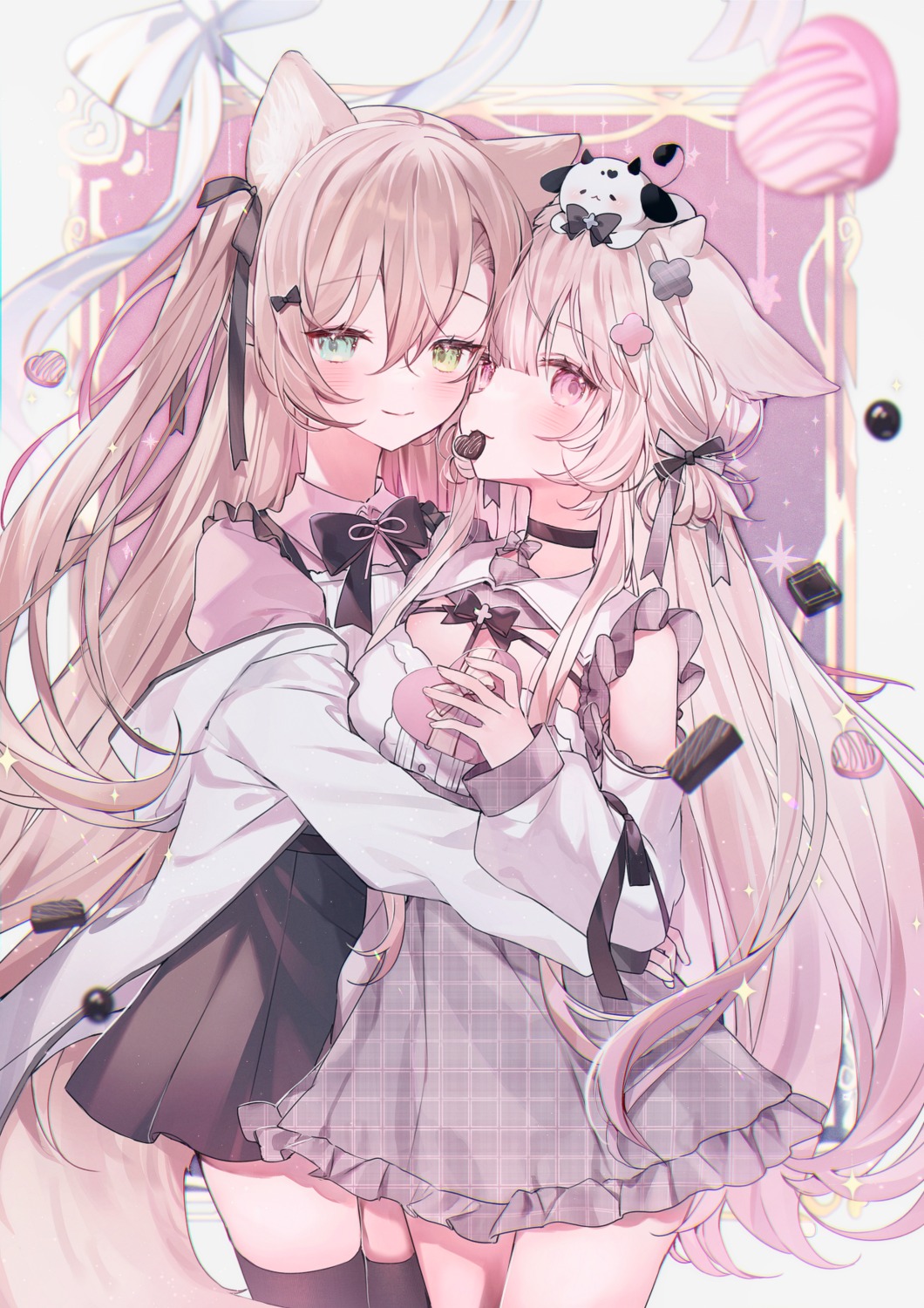 animal_ears, dress, heterochromia, horns, simio_rou, tail, thighhighs, valentine, yuri