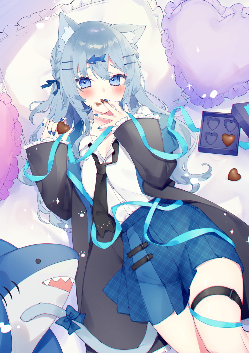 animal_ears, chiyomaru_(yumichiyo0606), garter, indie_virtual_youtuber, nekomimi, seifuku, tail, valentine