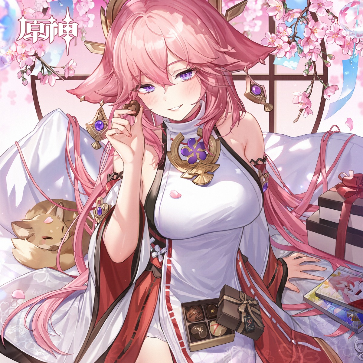 animal_ears, genshin_impact, japanese_clothes, kitsune, no_bra, valentine, whoisshe, yae_miko