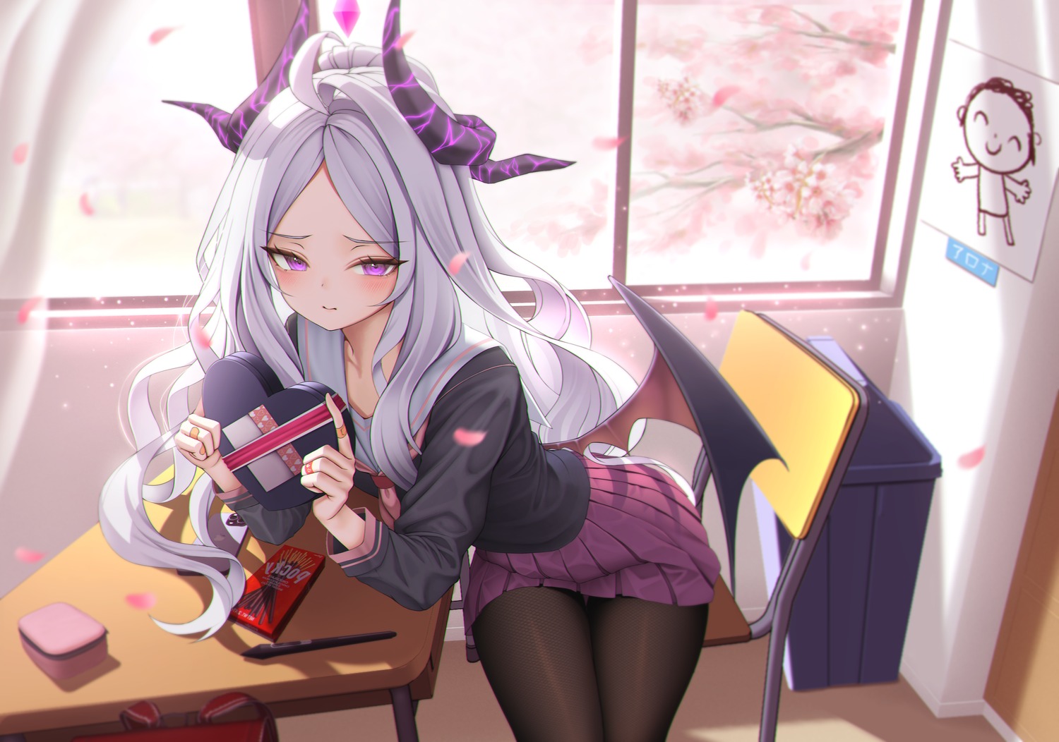 blue_archive, devil, horns, momoriko, pantyhose, seifuku, sorasaki_hina, valentine, wings