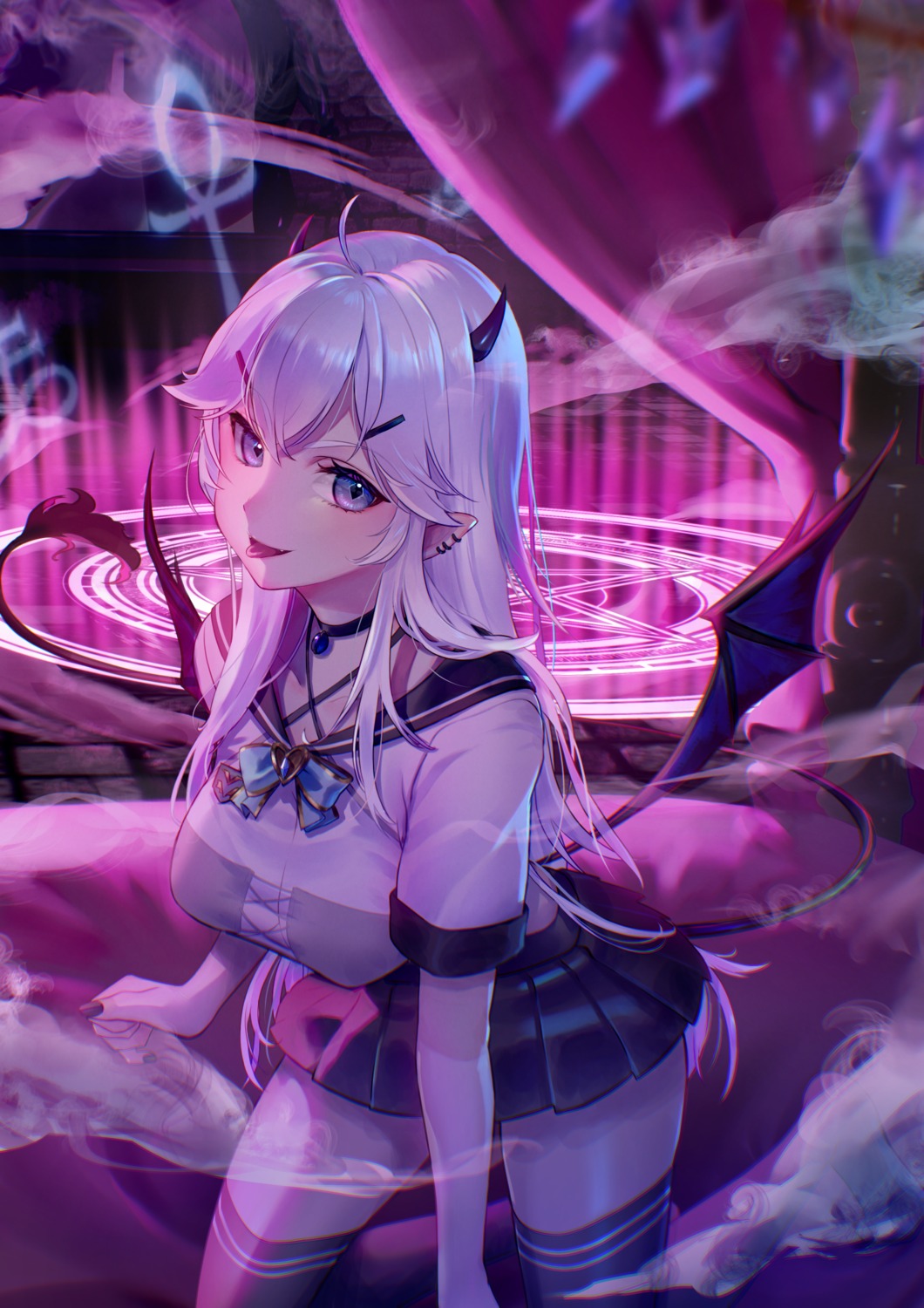 devil, horns, ito_haruko, pointy_ears, seifuku, tail, thighhighs, veibae, vshojo, wings