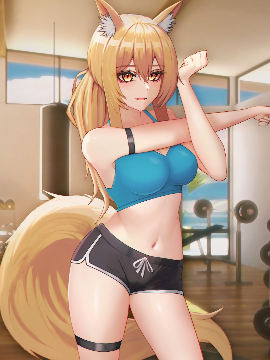 absurd_fox, animal_ears, arknights, garter, gym_uniform, nearl_(arknights), tail