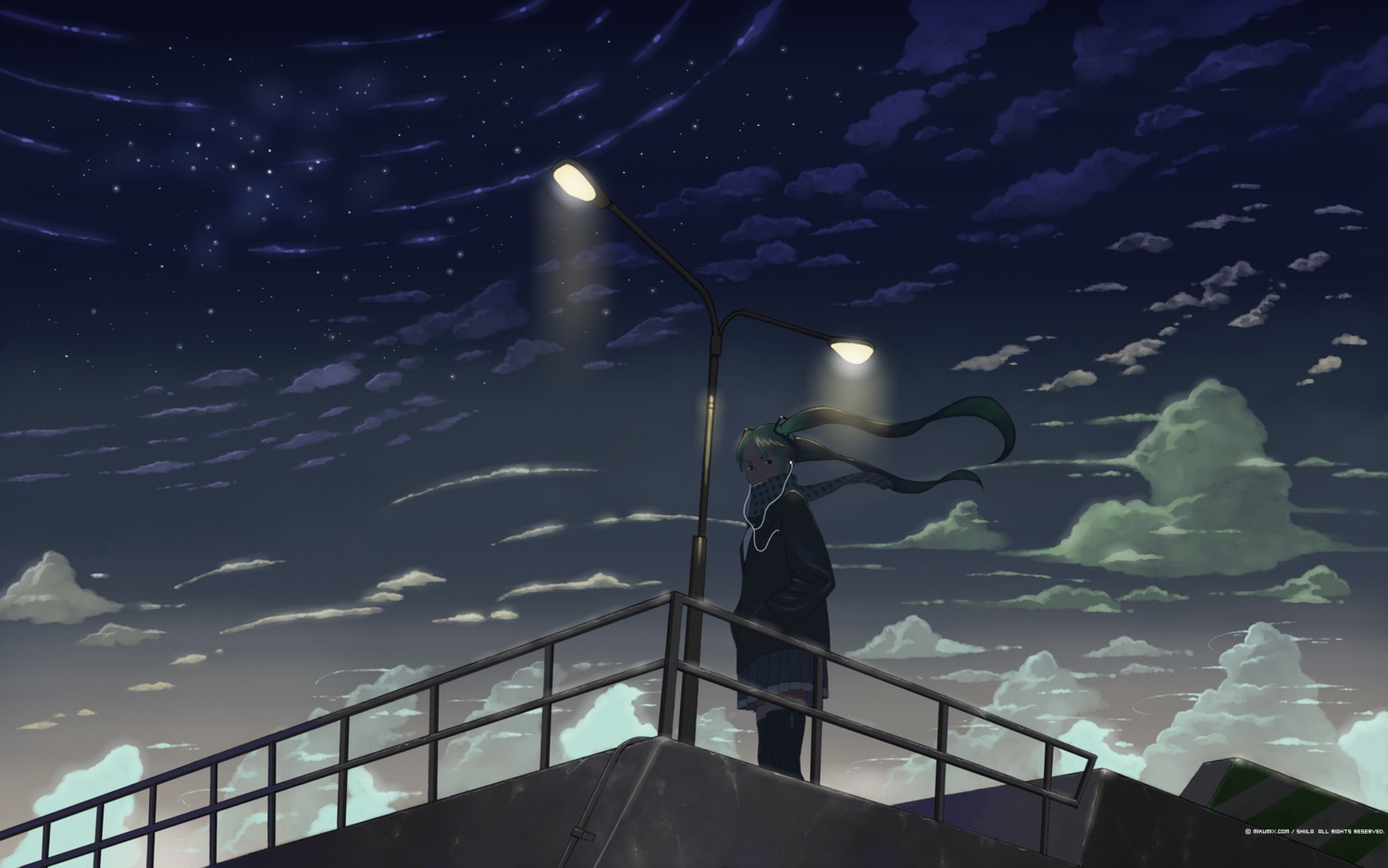 hatsune_miku, shiira, thighhighs, vocaloid, wallpaper