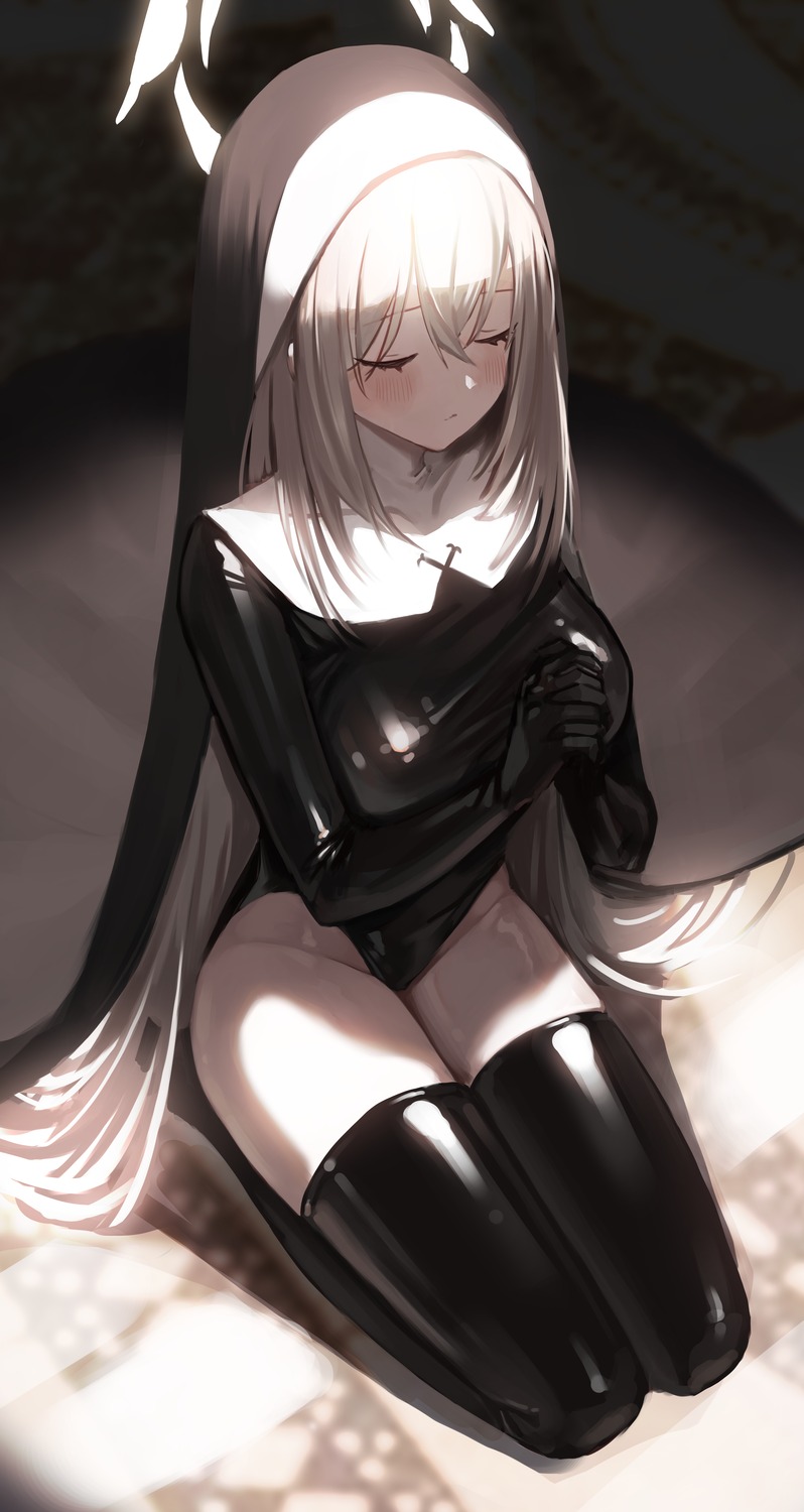 blue_archive, halo, leotard, nun, seorang, thighhighs, utazumi_sakurako