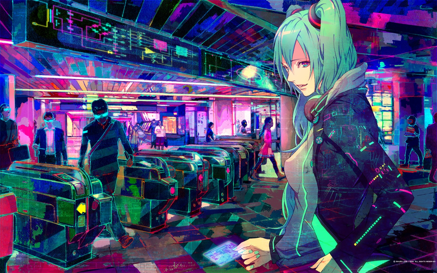 business_suit, dress, hatsune_miku, headphones, megane, vocaloid, wallpaper, zain