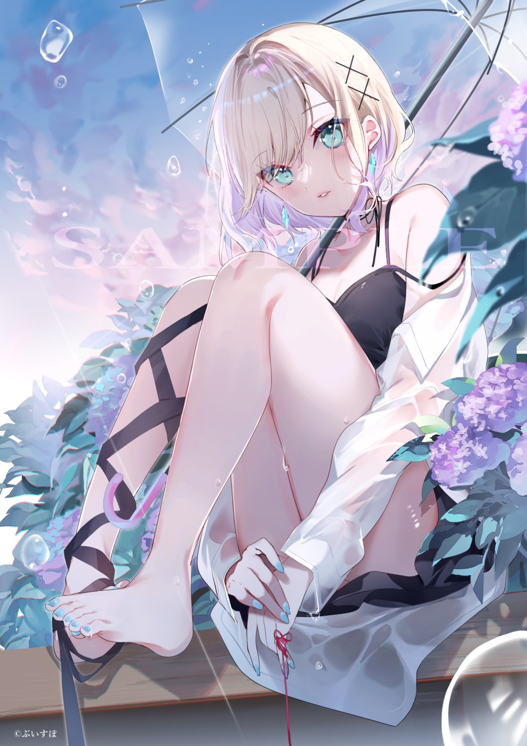 dress_shirt, feet, iris_black_games, kurumi_noah, miwano_rag, sample, see_through, umbrella, vspo!, watermark, wet, wet_clothes
