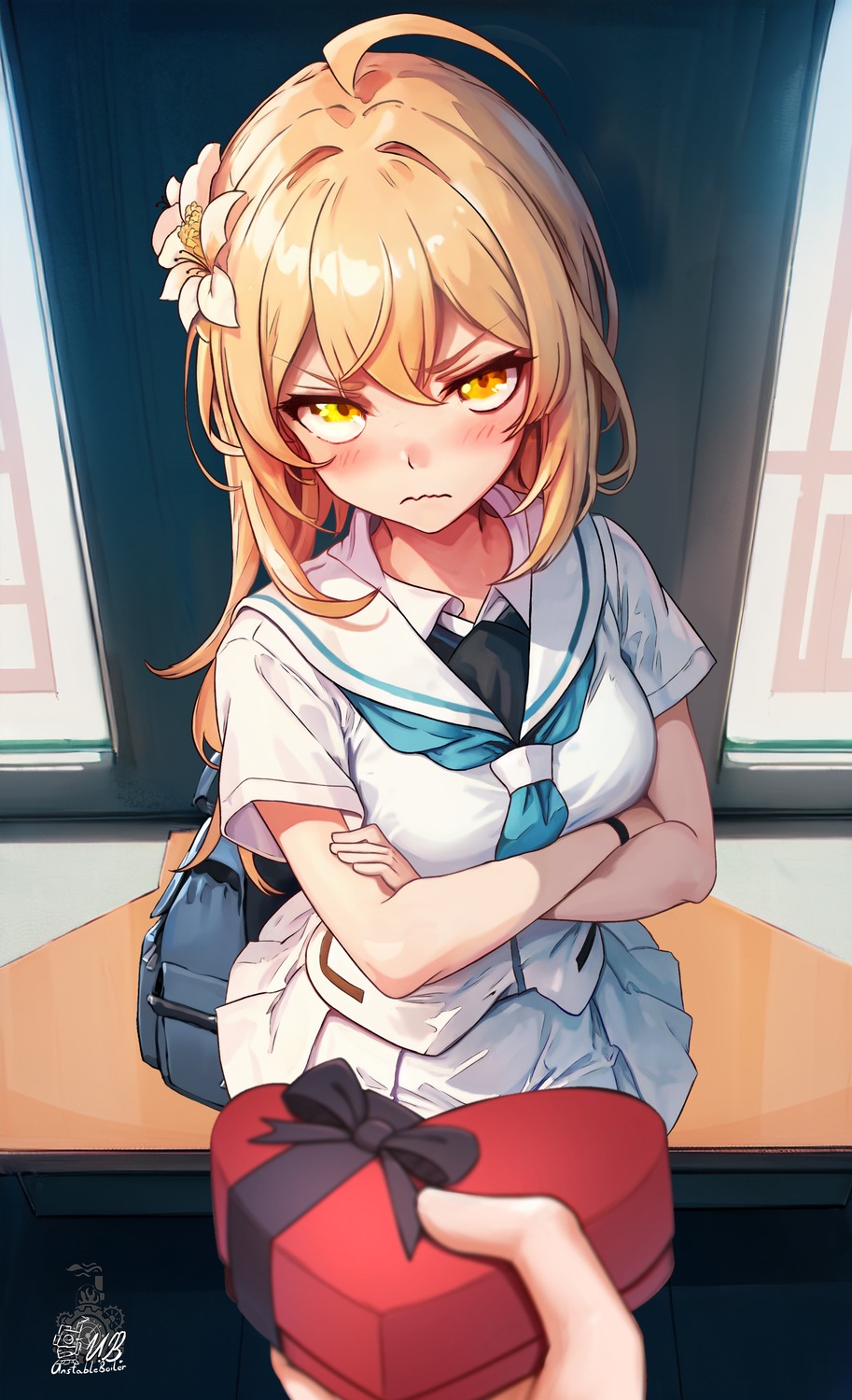 genshin_impact, lumine, seifuku, unstableboiler, valentine