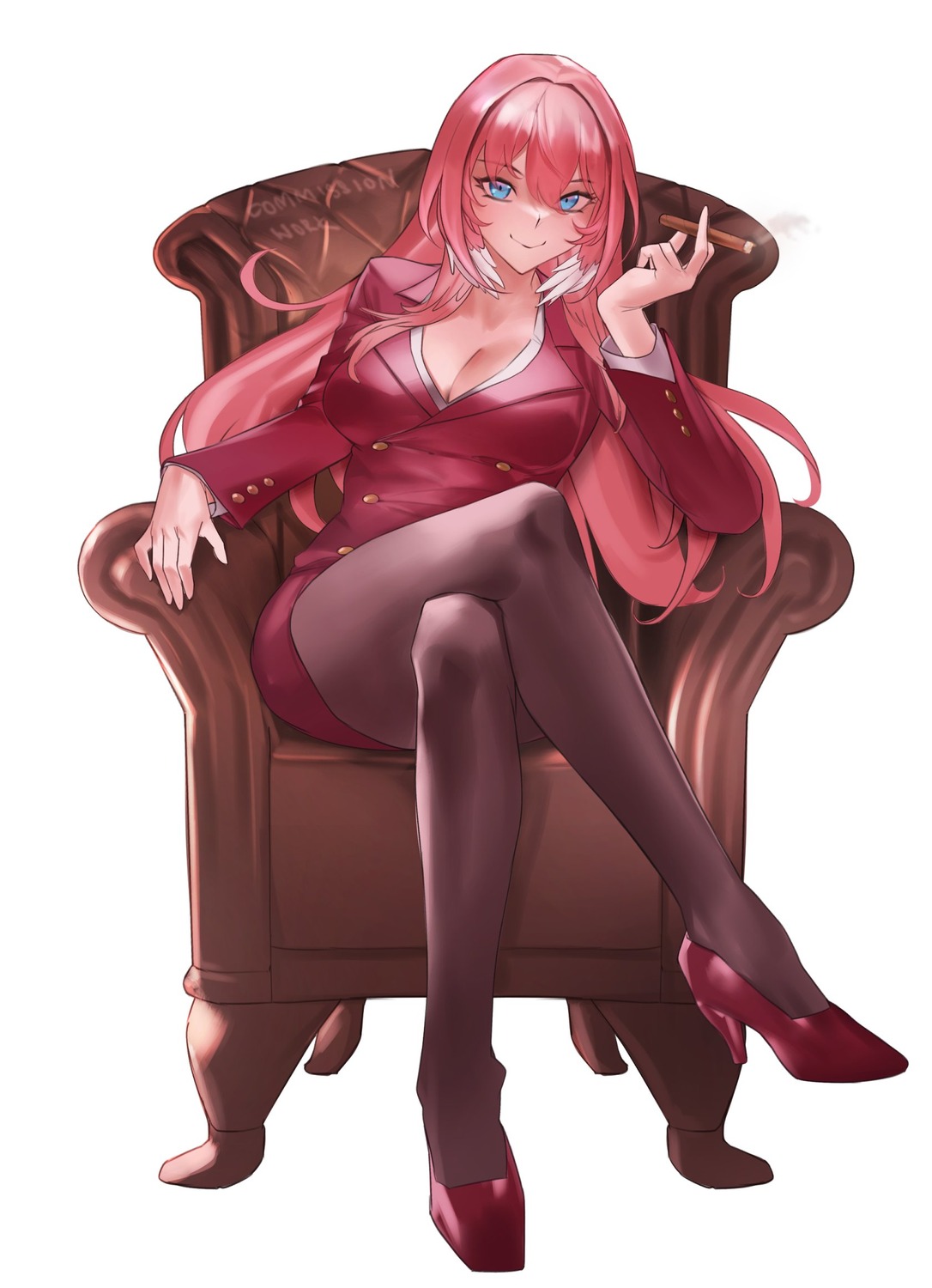 aragiken, business_suit, cleavage, heels, hololive, pantyhose, smoking, takane_lui