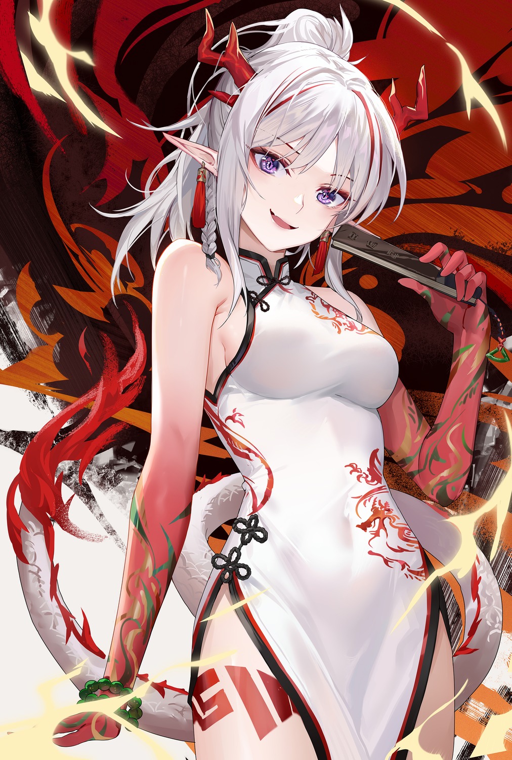 arknights, chinadress, hongbaise_raw, horns, nian_(arknights), pointy_ears, tail, tattoo