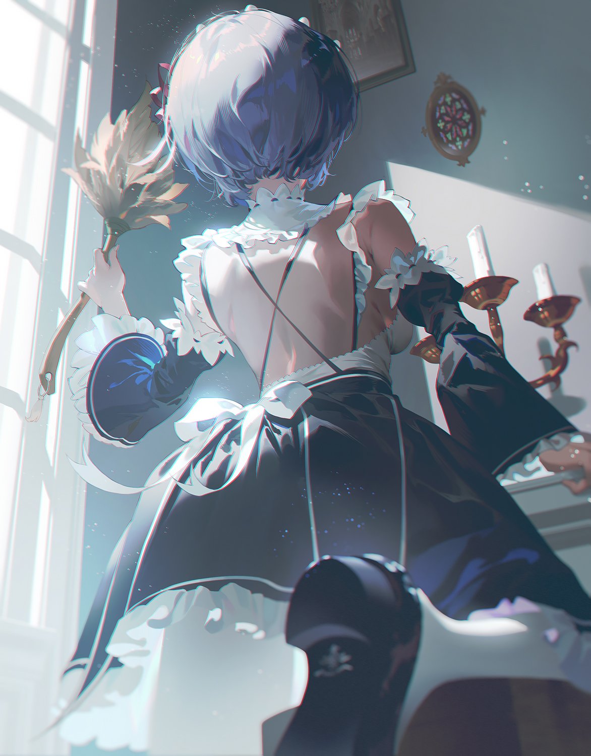 ass, fajyobore, jpeg_artifacts, maid, no_bra, pantyhose, re:zero_kara_hajimeru_isekai_seikatsu, rem_(re_zero)