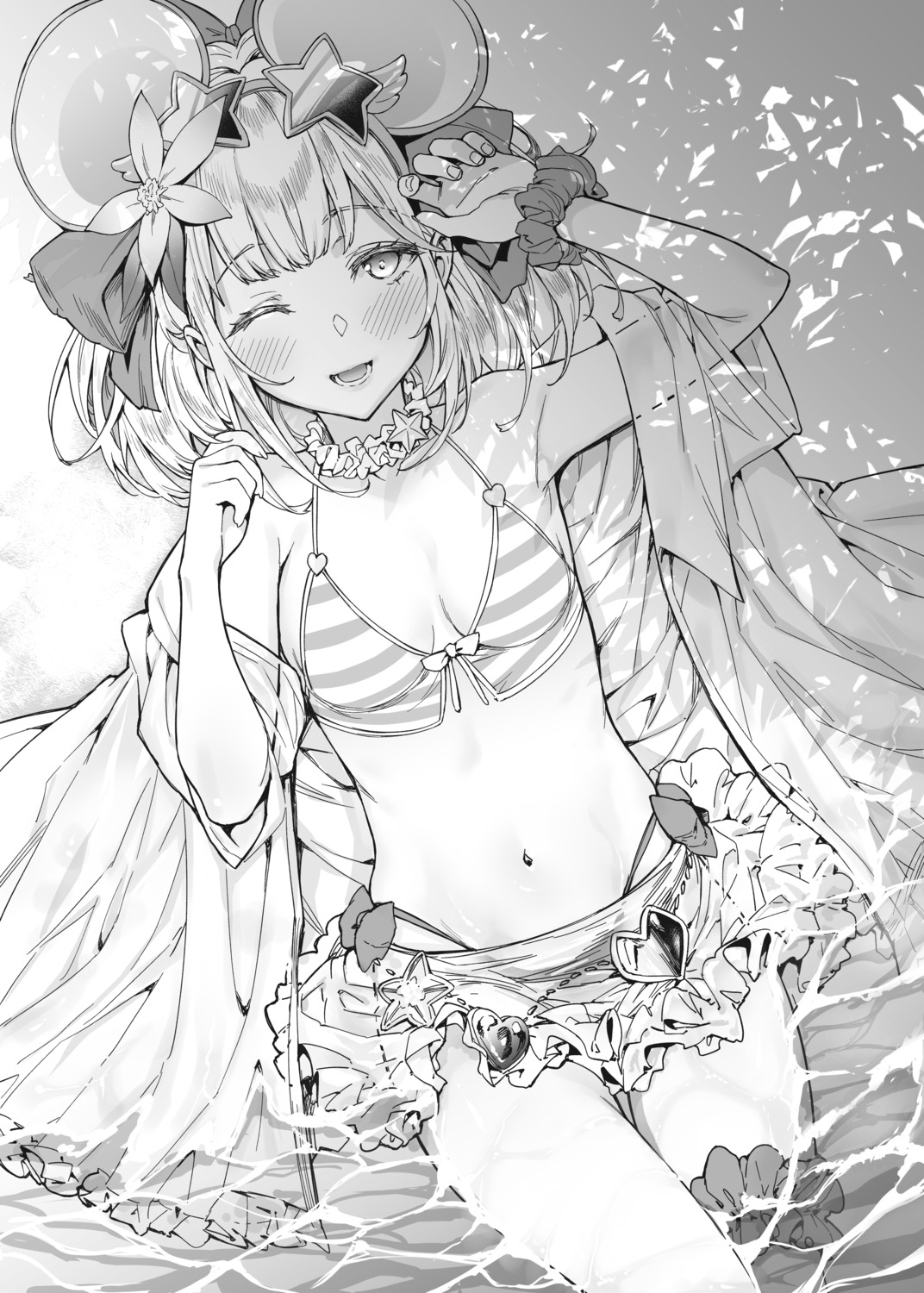 bikini, garter, granblue_fantasy, monochrome, mushi024, swimsuits, vikala_(granblue_fantasy), wet