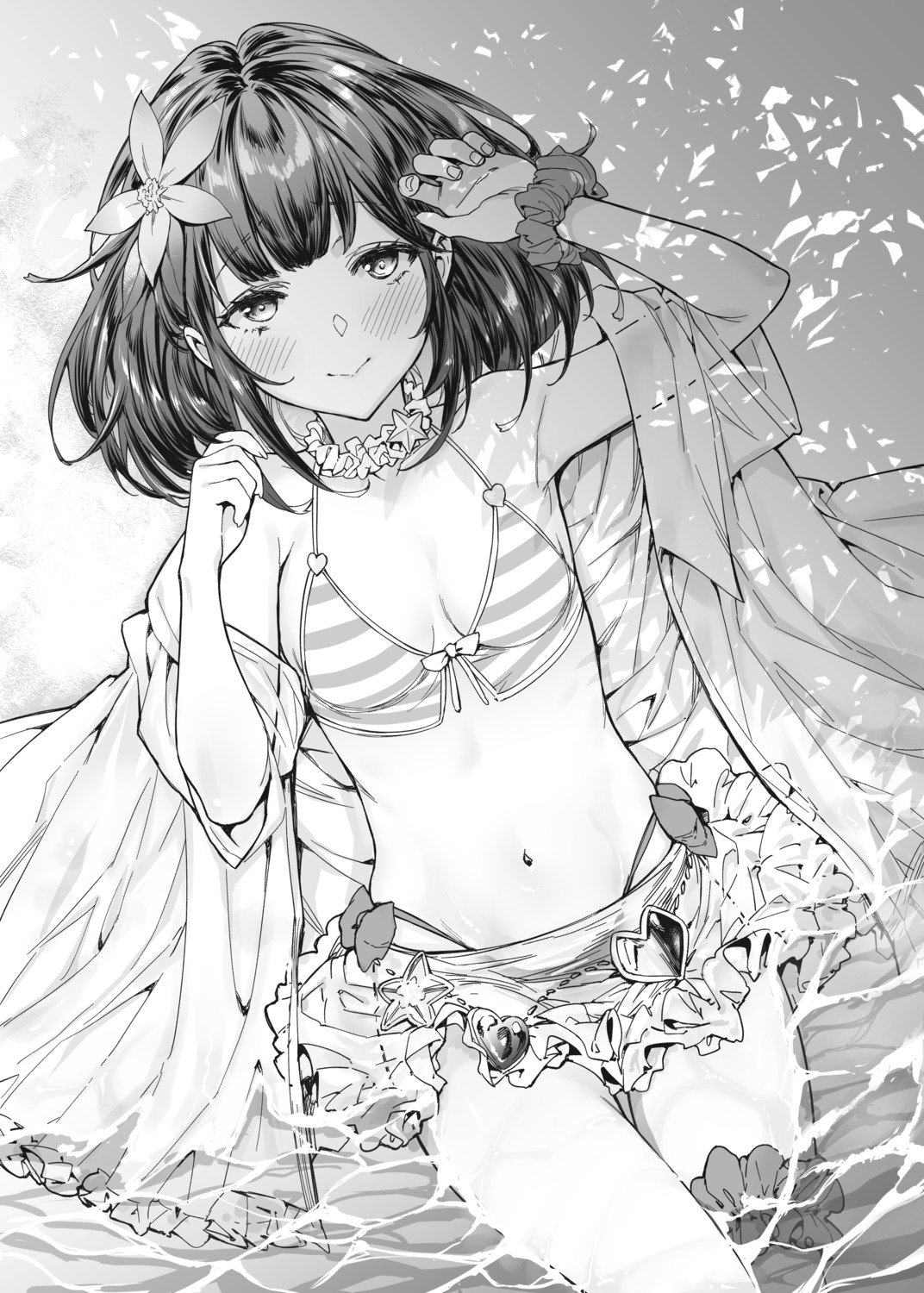 bikini, garter, granblue_fantasy, monochrome, mushi024, swimsuits, vikala_(granblue_fantasy), wet