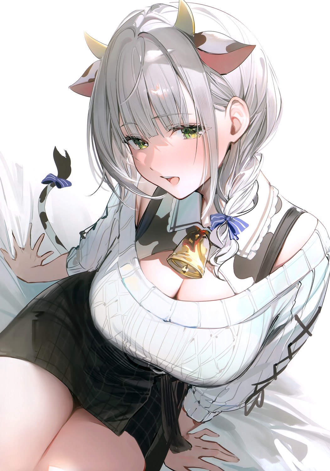 animal_ears, cleavage, hololive, horns, kinniku_poyopoyo, shirogane_noel, sweater, tail