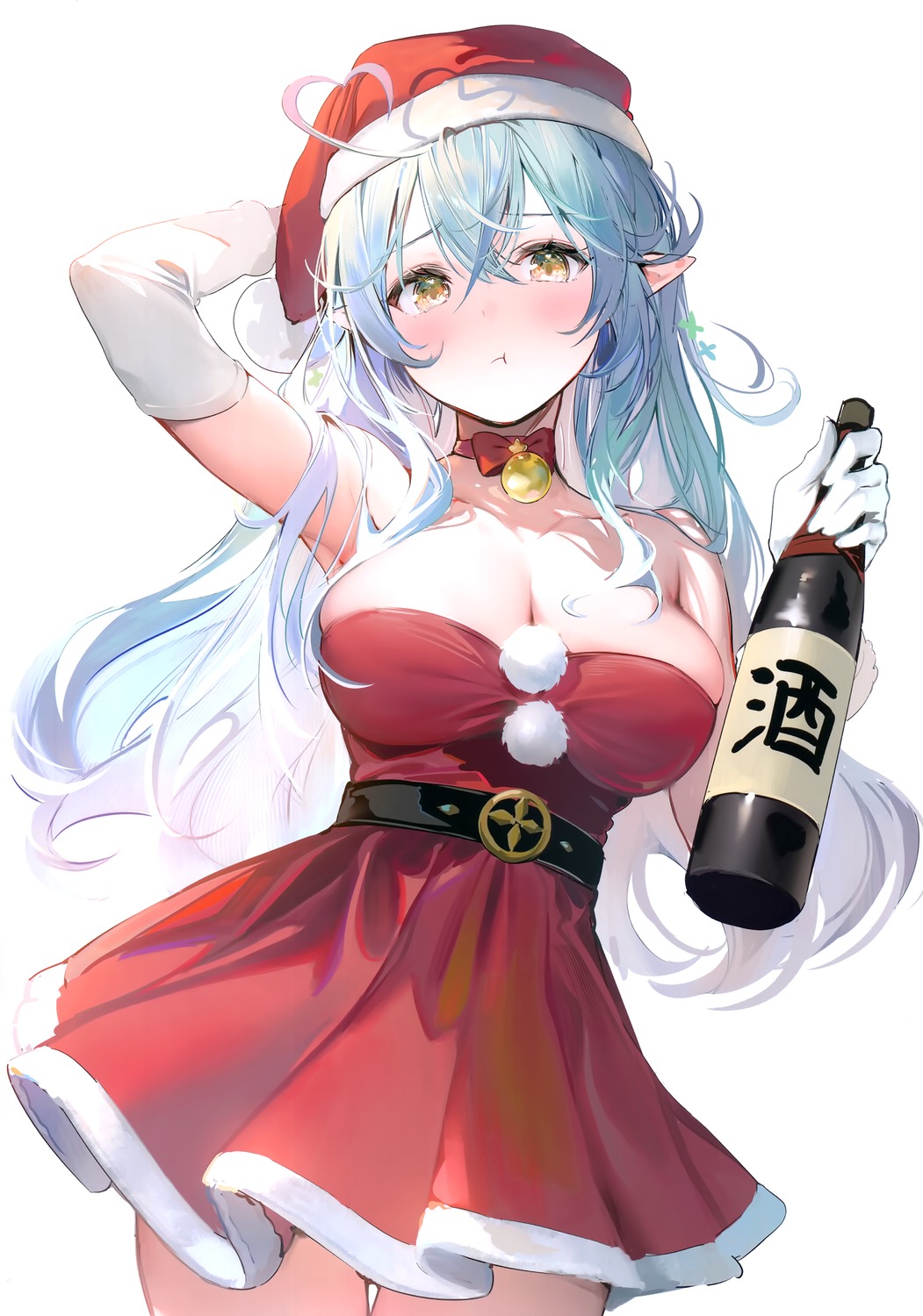 christmas, dress, elf, hololive, kinniku_poyopoyo, no_bra, pointy_ears, sake