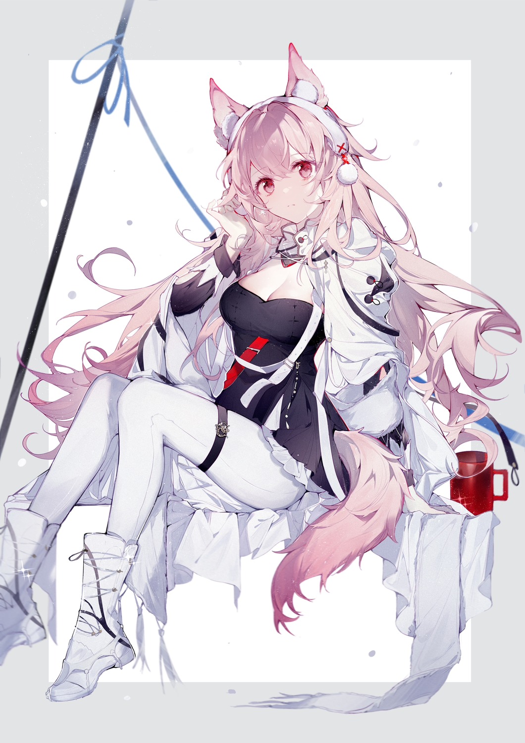 animal_ears, arknights, cleavage, garter, no_bra, pantyhose, pozyomka_(arknights), qianqianjie, skirt_lift, tail