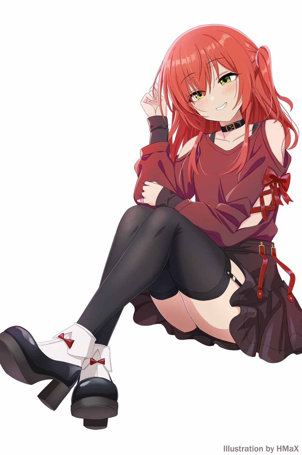 bocchi_the_rock!, heels, hmax, kita_ikuyo, skirt_lift, stockings, thighhighs