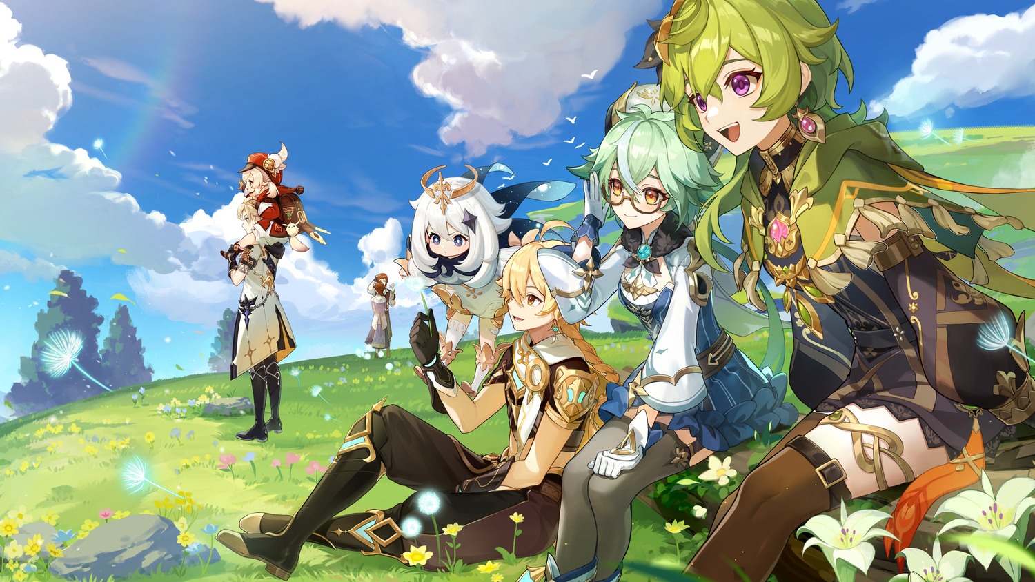 aether, albedo_(genshin_impact), collei, garter, genshin_impact, klee, megane, paimon