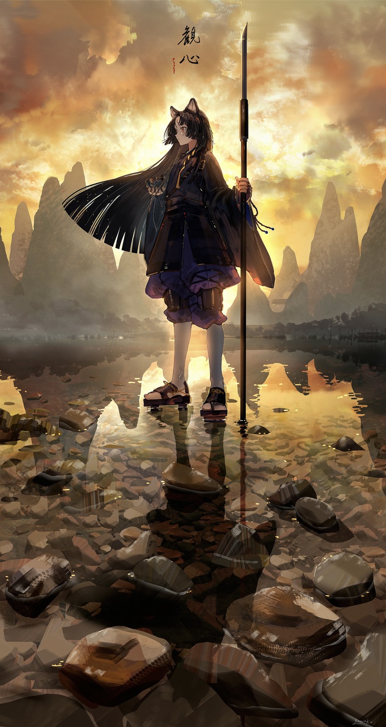animal_ears, arknights, gawako, japanese_clothes, landscape, saga_(arknights), tattoo, weapon