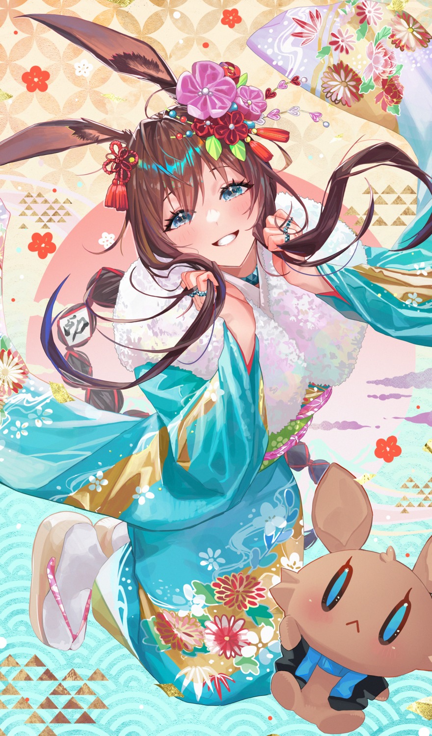 amiya_(arknights), animal_ears, arknights, bunny_ears, kimono, monge_baby