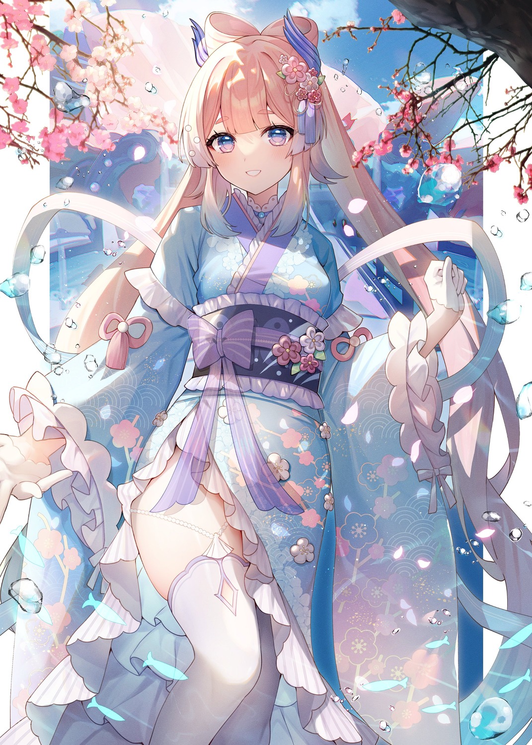 abandon_ranka, genshin_impact, japanese_clothes, lolita_fashion, sangonomiya_kokomi, stockings, thighhighs