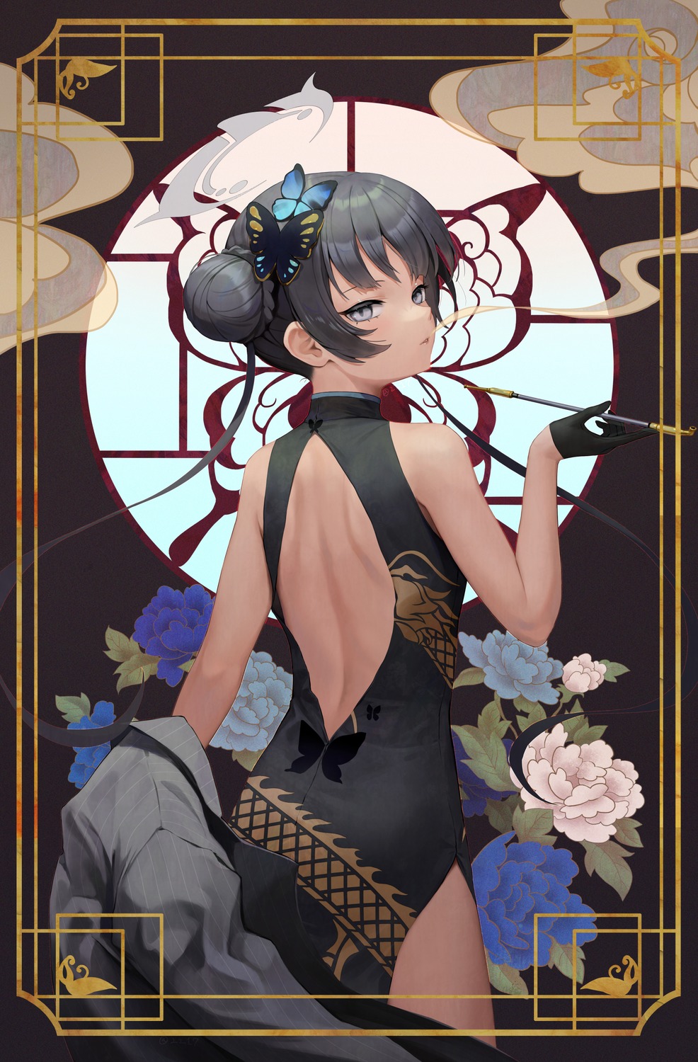 ass, blue_archive, chinadress, halo, no_bra, ryuuge_kisaki, smoking, y.i._(lave2217)