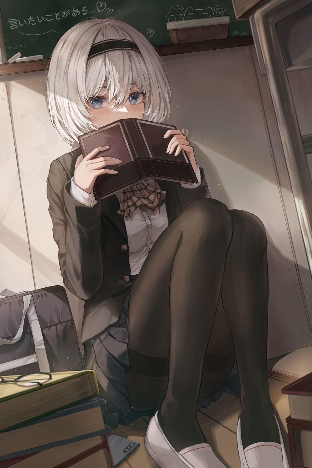 2gong_(9ujin_), megane, pantyhose, seifuku, skirt_lift