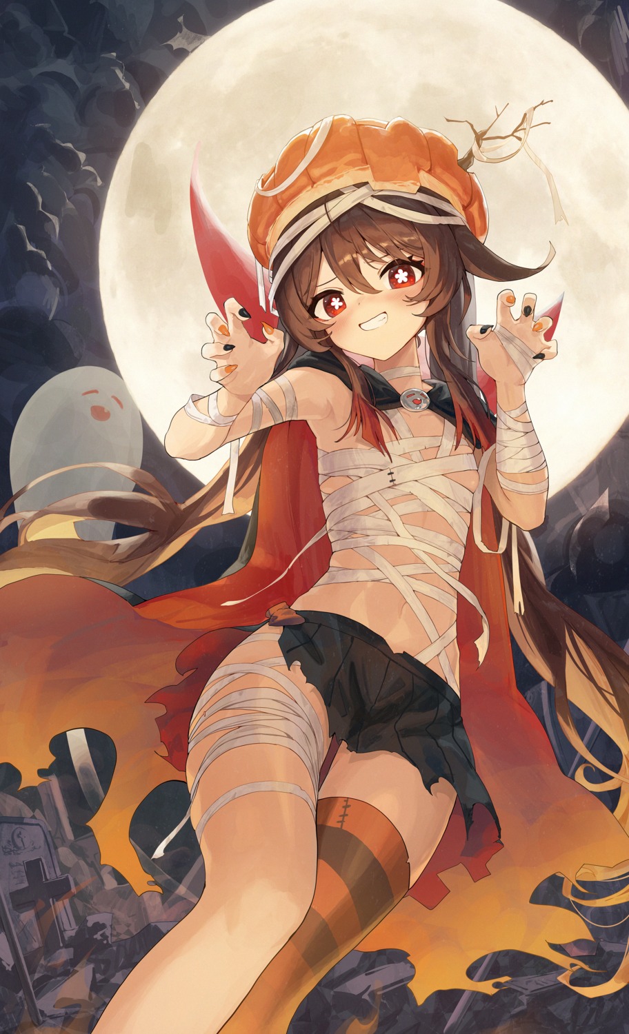 bandages, genshin_impact, halloween, hu_tao, no_bra, pellas_(panix2383), thighhighs, torn_clothes