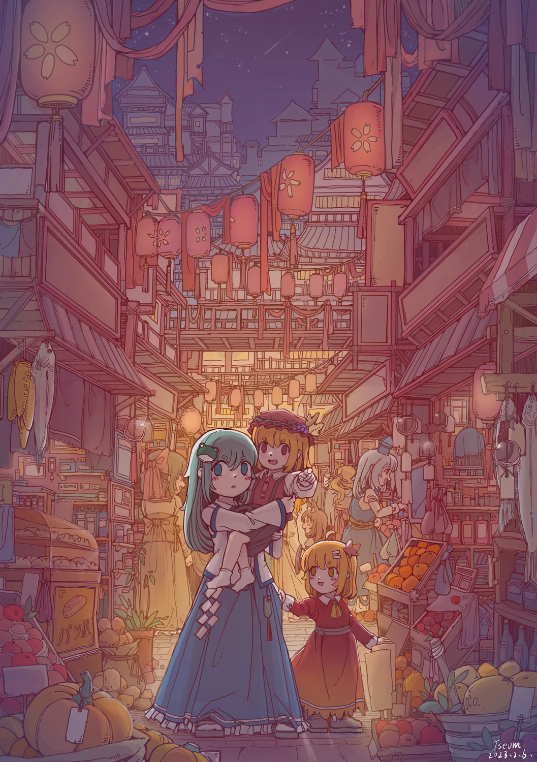 aki_minoriko, aki_shizuha, animal_ears, dress, fujiwara_no_mokou, houraisan_kaguya, kamishirasawa_keine, kochiya_sanae