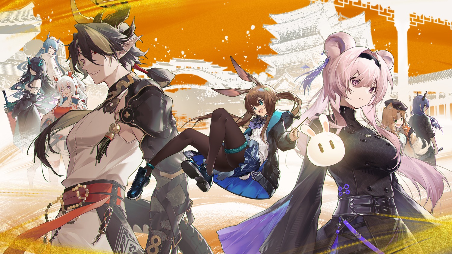 amiya_(arknights), animal_ears, arknights, bunny_ears, ch'en_(arknights), chong_yue, dusk_(arknights), garter