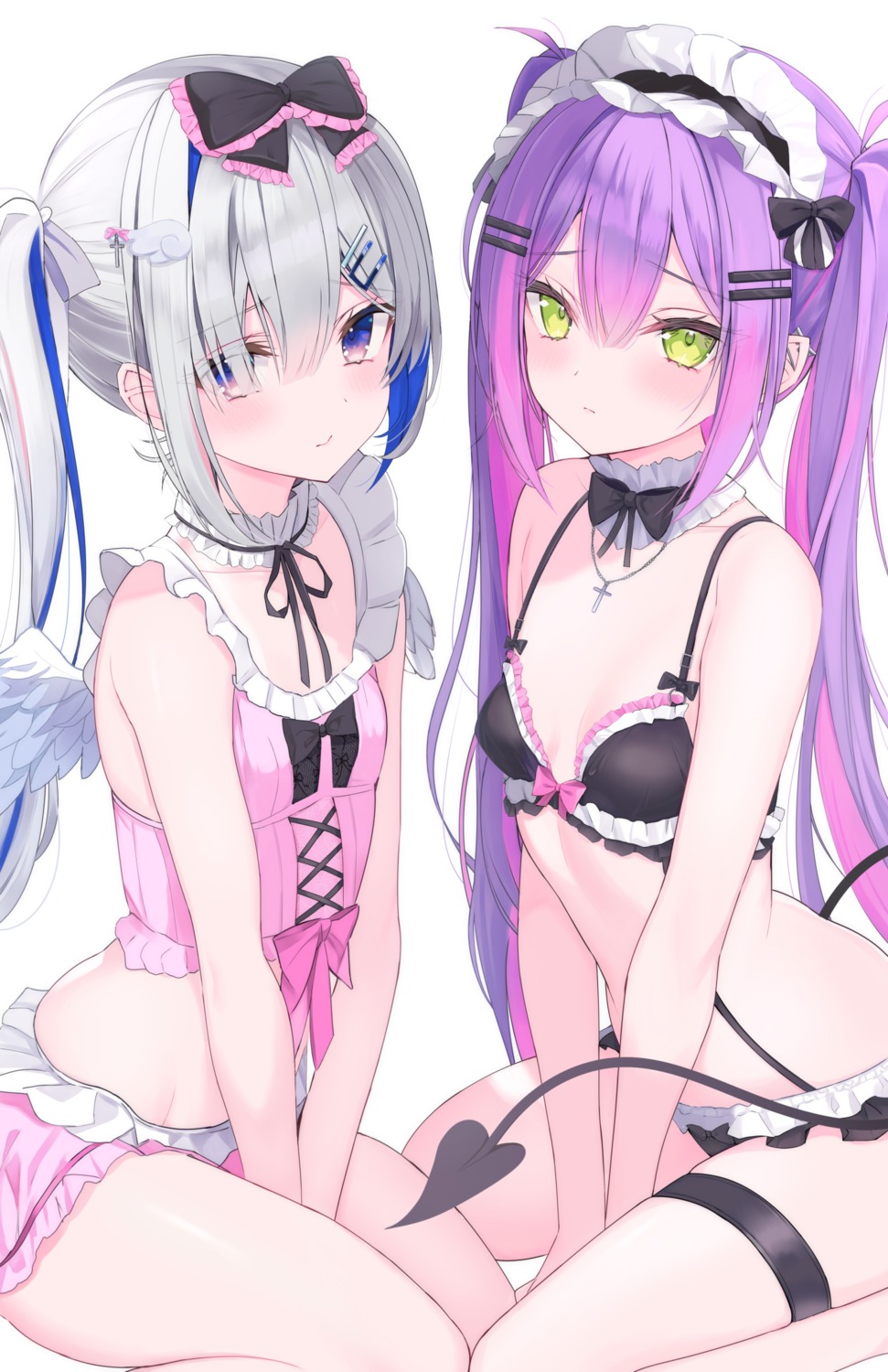 amane_kanata, bra, garter, hololive, kitano_yukito, lolita_fashion, pantsu, pointy_ears, tail, tokoyami_towa, wings