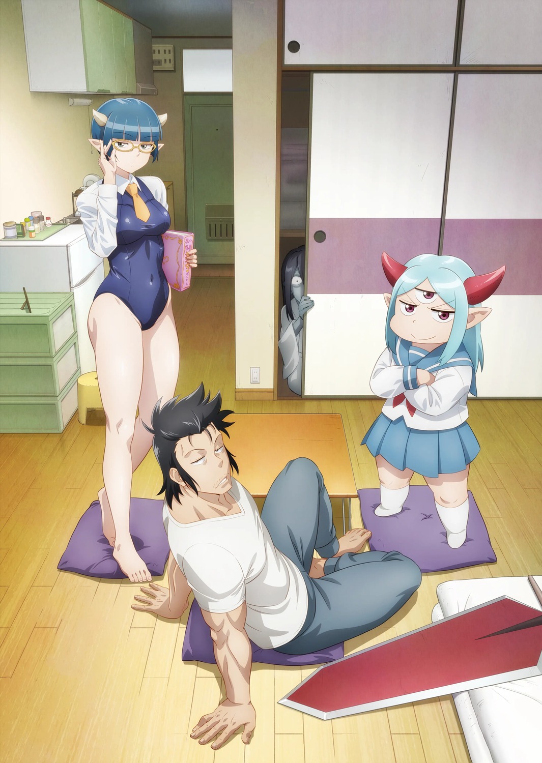 horns, lv1_maou_to_one_room_yuusha, maou_(lv1_maou_to_one_room_yuusha), max_(lv1_maou_to_one_room_yuusha), megane, pointy_ears, school_swimsuit, seifuku, swimsuits, sword, yuria_(lv1_maou_to_one_room_yuusha), zenia_(lv1_maou_to_one_room_yuusha)