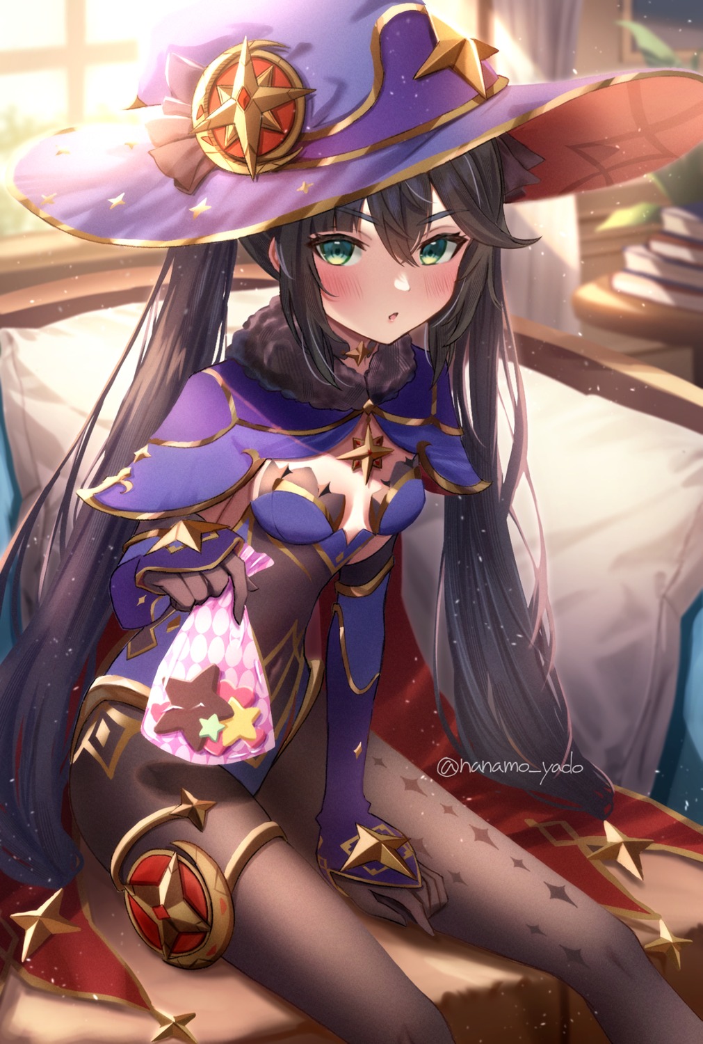 artist_revision, doyamona, garter, genshin_impact, leotard, mona_megistus, pantyhose, valentine