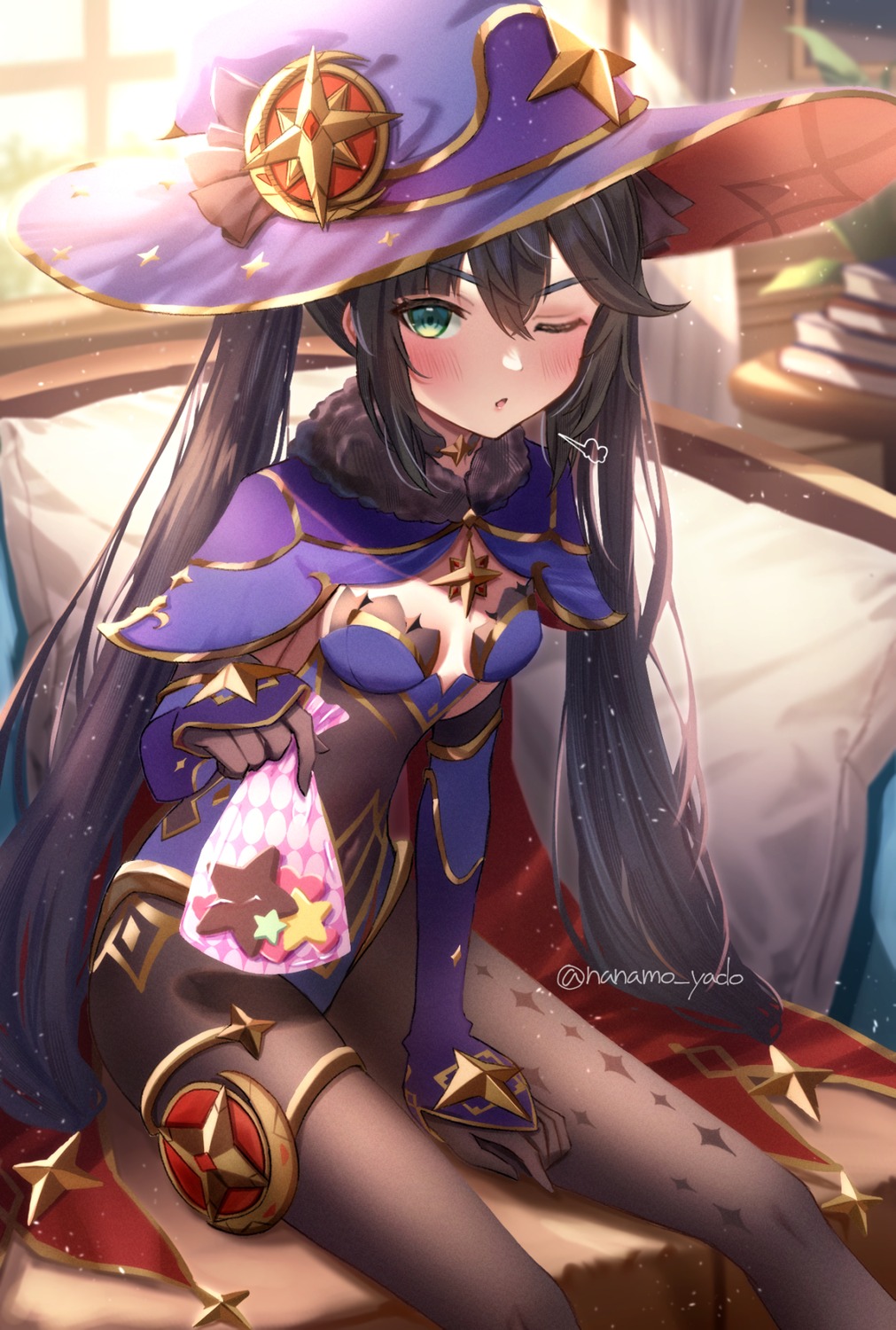 doyamona, garter, genshin_impact, leotard, mona_megistus, pantyhose, valentine, witch
