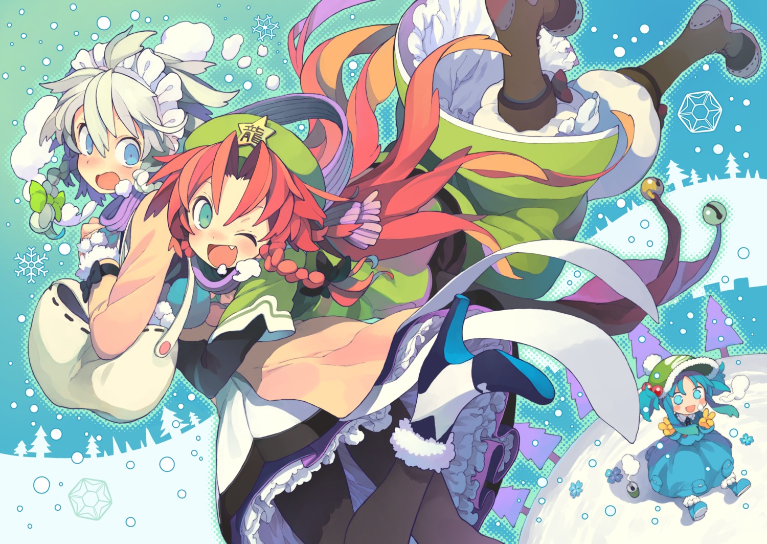 asian_clothes, chibi, heels, hong_meiling, izayoi_sakuya, kawashiro_nitori, maid, morino_hon, pantyhose, touhou