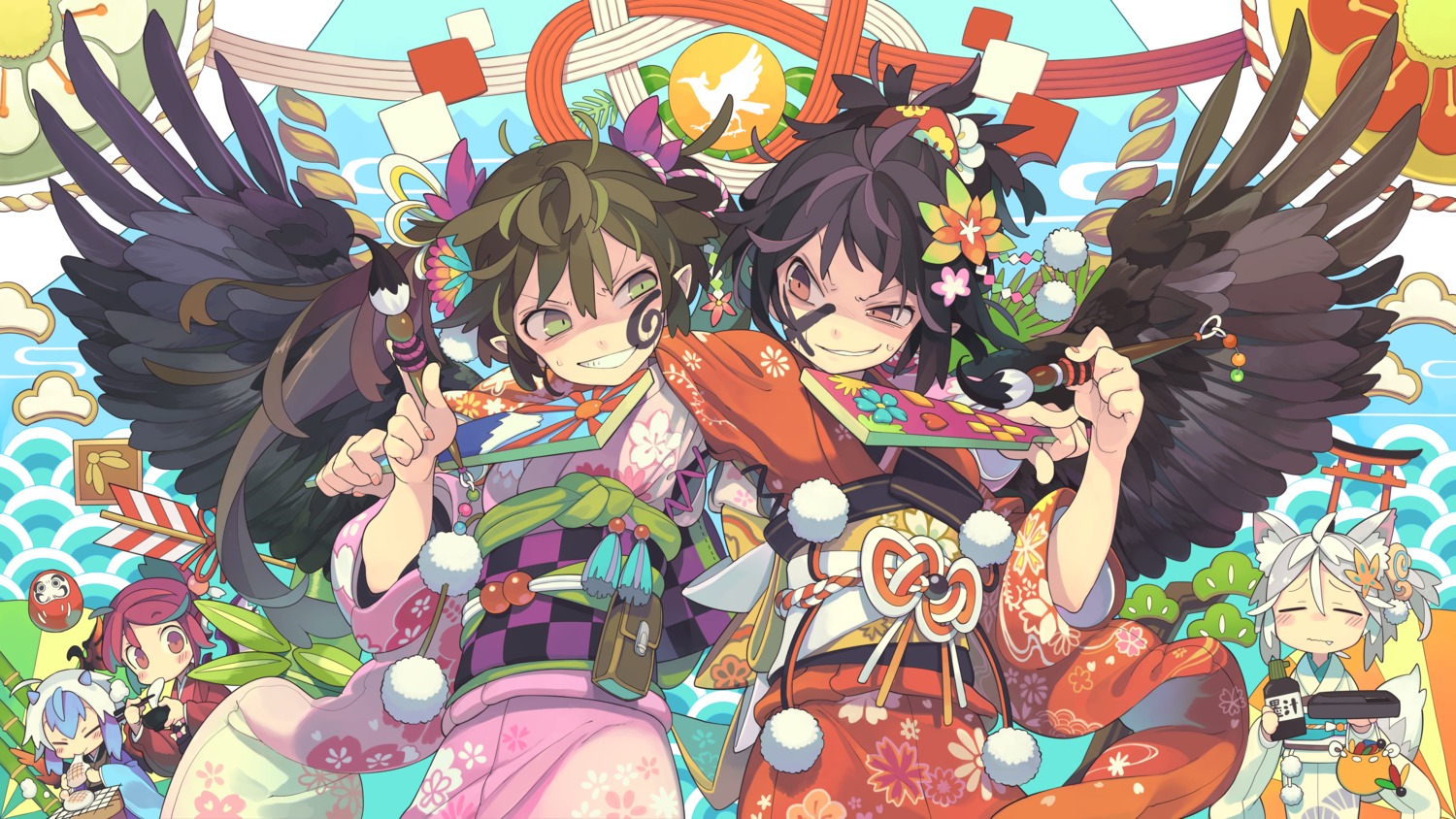 animal_ears, himekaidou_hatate, kimono, morino_hon, pointy_ears, shameimaru_aya, touhou, wings