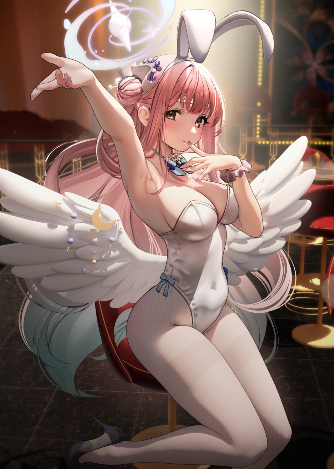 angel, animal_ears, blue_archive, bunny_ears, bunny_girl, misono_mika, nanaken_nana, no_bra, pantyhose, possible_duplicate, wings