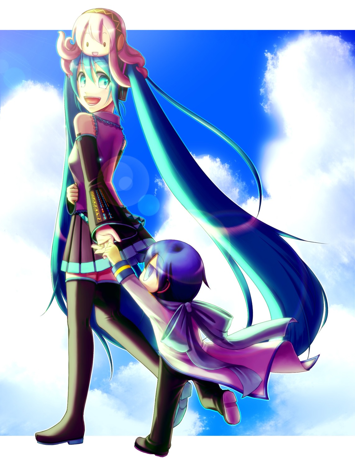 hatsune_miku, headphones, kaito, megurine_luka, starcrown, takoluka, thighhighs, vocaloid