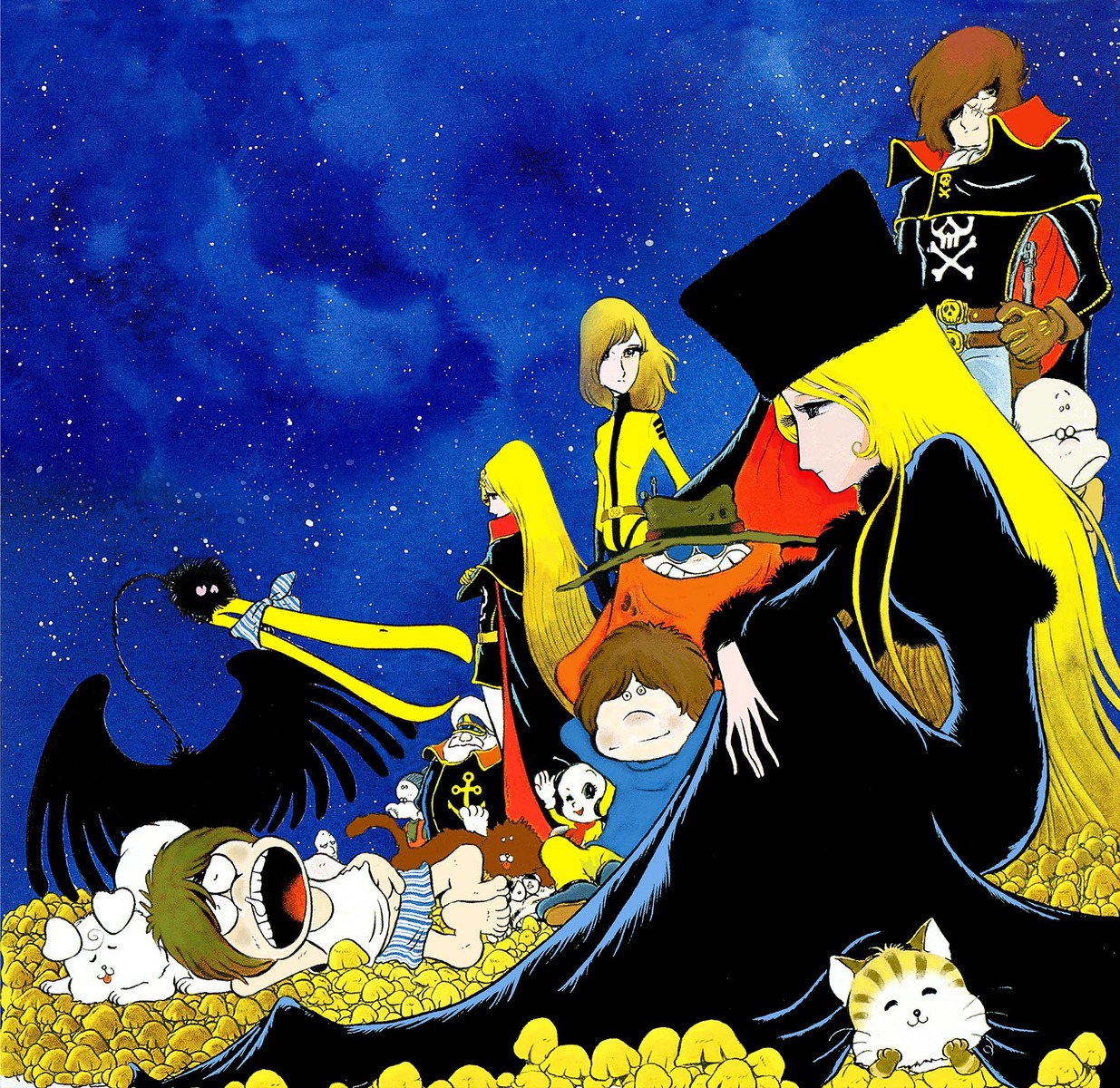 crossover, emeraldas, galaxy_express_999, harlock, hoshino_tetsuro, maetel, matsumoto_leiji, megane, neko, okita_juuzou, uchuu_kaizoku_captain_harlock, uchuu_senkan_yamato, uniform