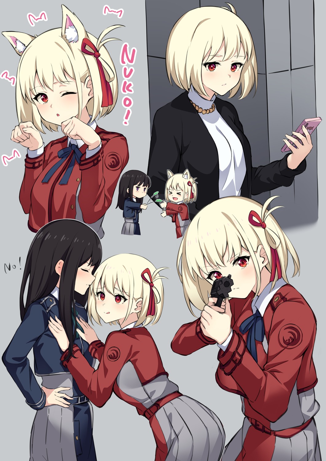 animal_ears, gun, inoue_takina, lycoris_recoil, nekomimi, nishikigi_chisato, pizza_(artist), seifuku
