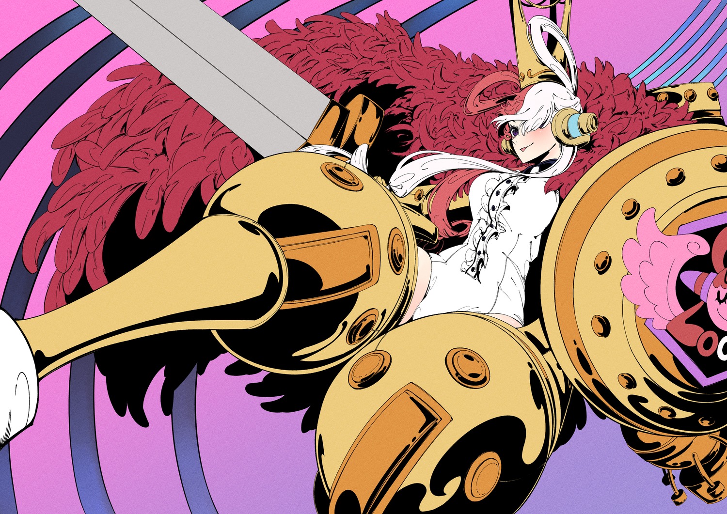 armor, headphones, leotard, one_piece, one_piece_film:_red, sword, taiju_(gr09kuma), uta_(one_piece)
